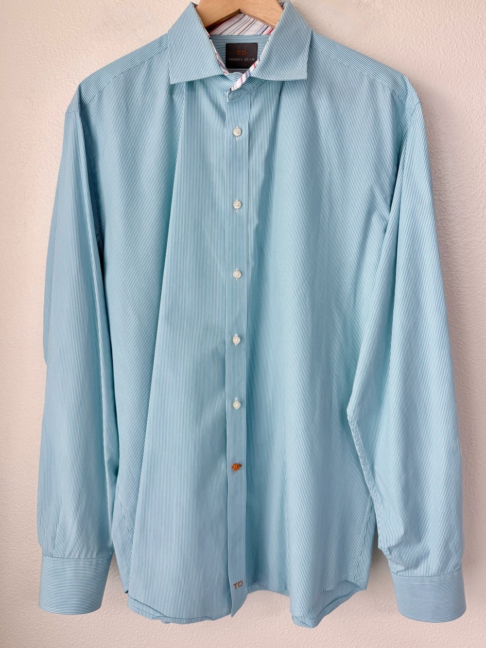 Thomas Dean Mens Blue White Striped Shirt Cotton Long Sleeve Cuff Collar Trim XL